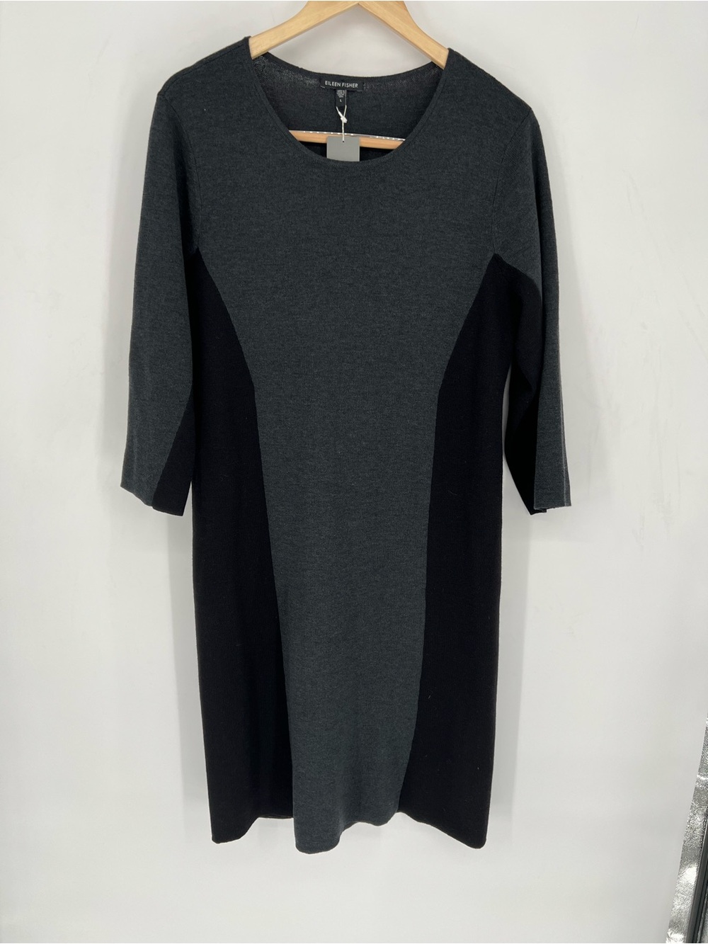 NWT Eileen Fisher Charcoal Gray and Black Colorblock Jewel Neck Shift Midi Dress